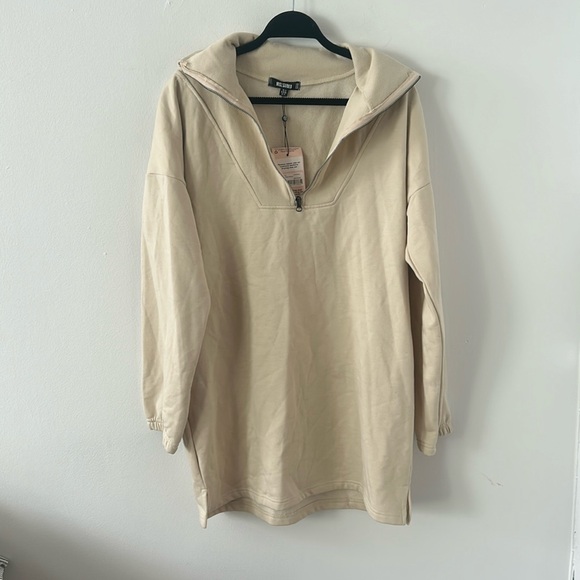NWT Missguided Half Zip Long Sleeves Sweater Stone Mini Dress Size 8 - Picture 2 of 5